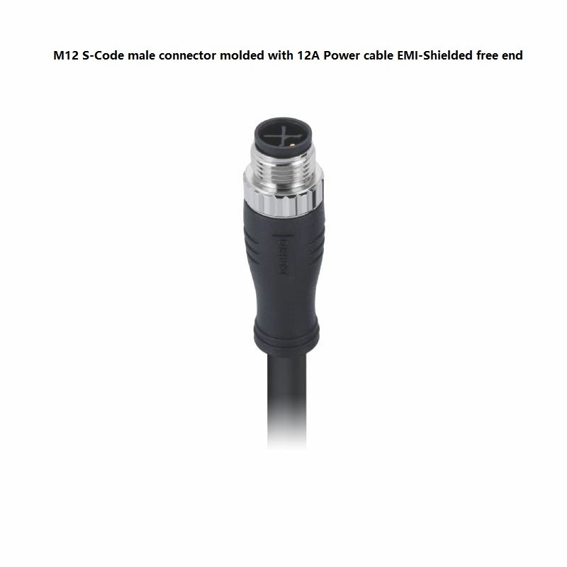 EMI Shielded M12 Circular Connector Male S Code Molded With 12A Power Cable